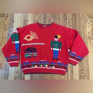 Vintage Sweater Loft Christmas Little Drummer Boy & Trains Sz L